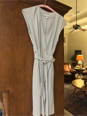 Athleta Gray and White Striped Midi Wrap Dress